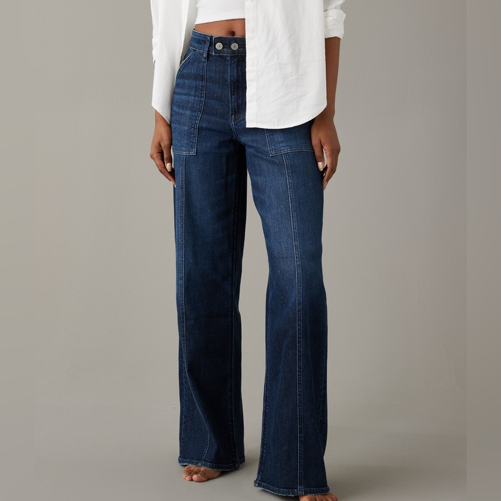 Dreamy Drape Super High Rise Baggy Wide Leg 29/8 American Eagle Dark Blue Jean